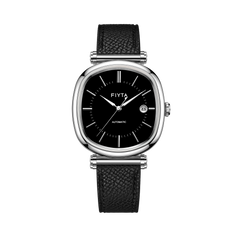 Front view of the FIYTA Tempered GA850029.WBB automatic watch with a black dial and black leather strap. (GA850029.WBB)