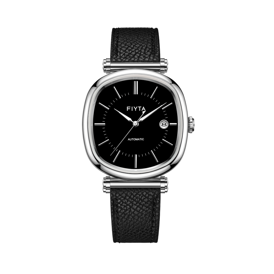 Front view of the FIYTA Tempered GA850029.WBB automatic watch with a black dial and black leather strap. (GA850029.WBB)